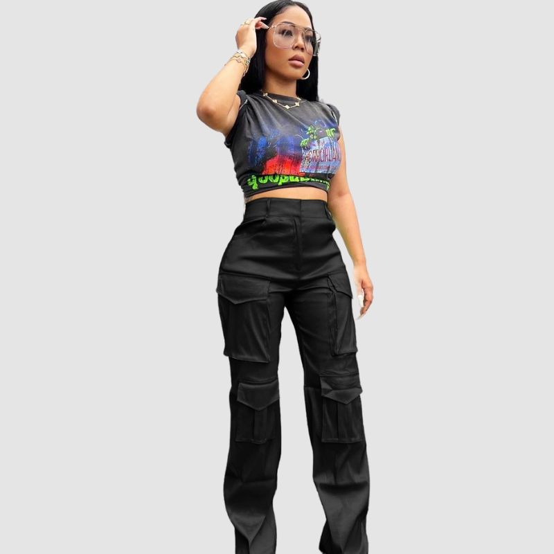 Solid Color Multi-Pocket High Waist Cargo Pants Rose / M