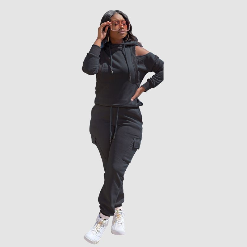 Off Shoulder Hoodies & Pocket Patchwork Pant Set Yellow / L
