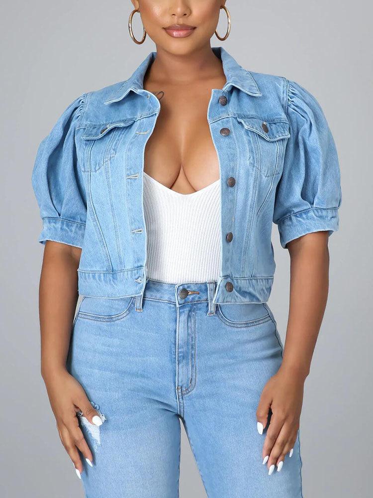 Puff Short Sleeve Denim Jacket Dark Blue / 3XL