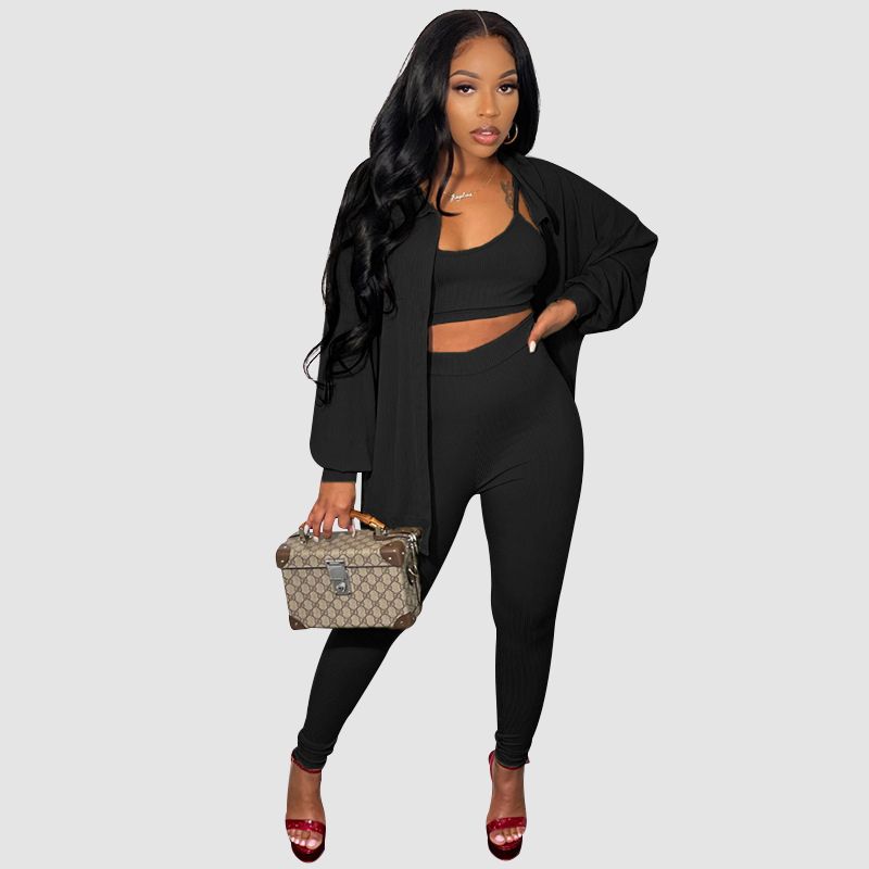Solid Color Casual Pants Three Piece Set Orange / M