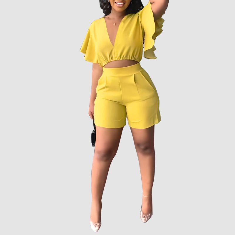 Ruffled V-neck Crop Top & Short Pants Set White / M