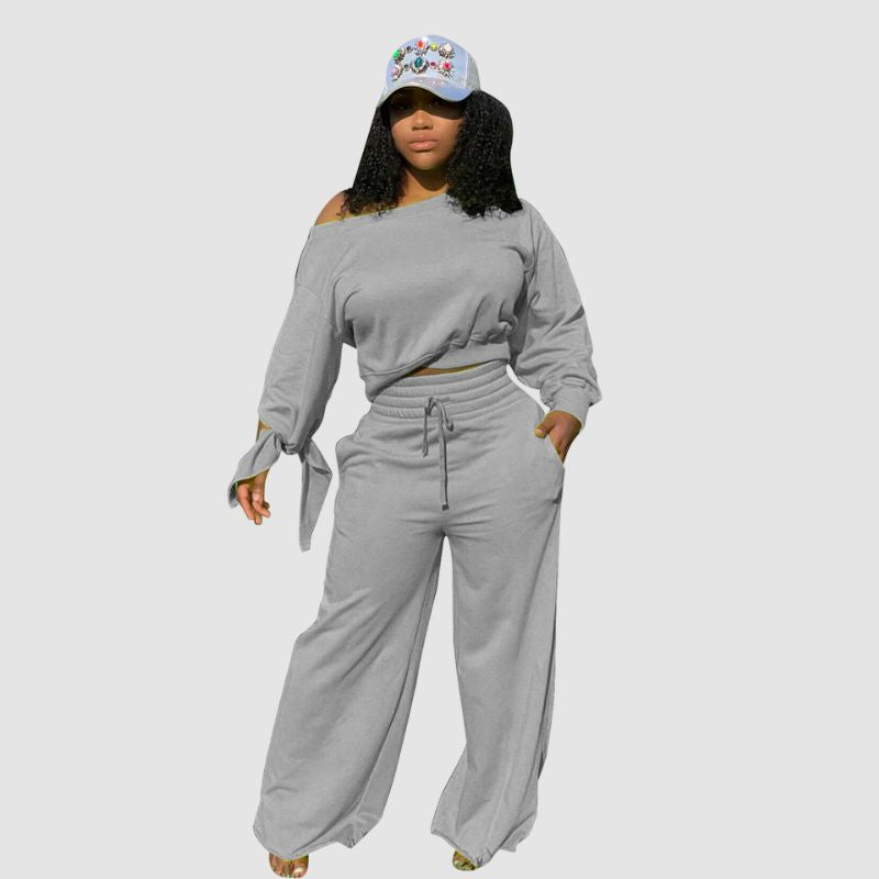 Off-shoulder Wide Leg Pant Set Wine / 2XL
