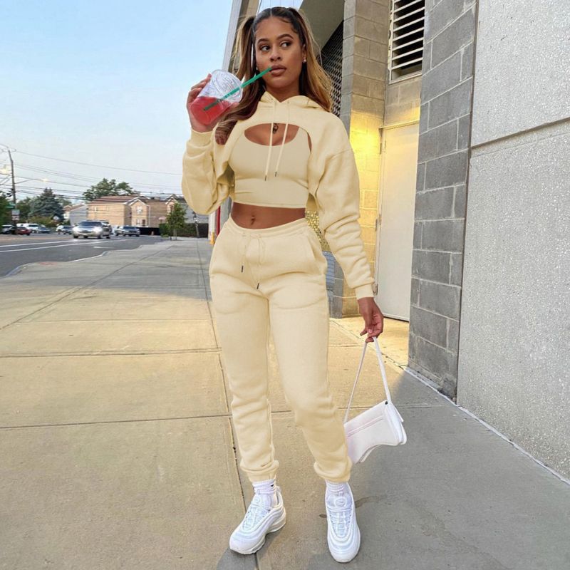 Hollow Out Hoodies & Drawstring Waist Pant Set Red / M