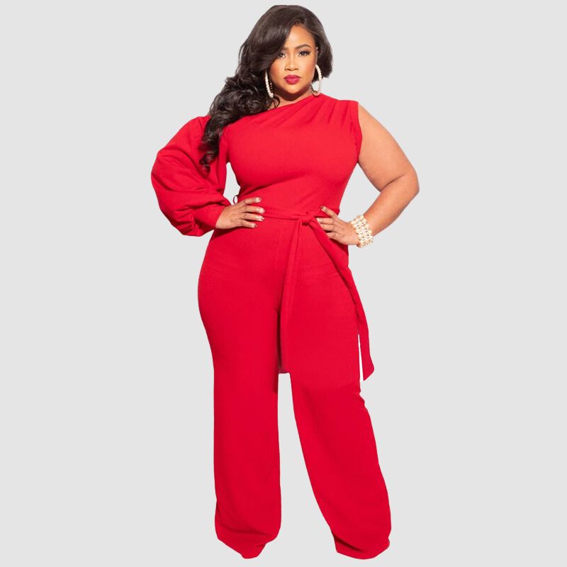 Plus Size High Waist Wide Leg Jumpsuits Red / XL