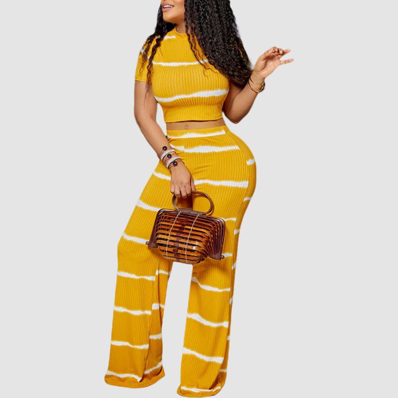 Stripe Printed Ribbed Knit Wide Leg Set Orange / M