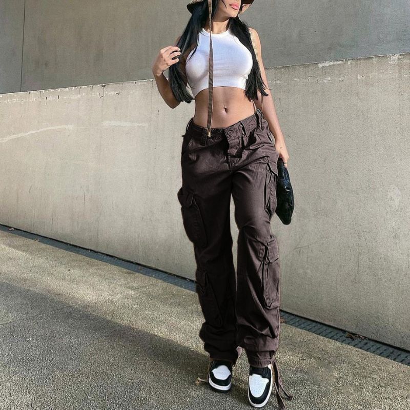 Vintage Wide Leg Cargo Pants Brown / M