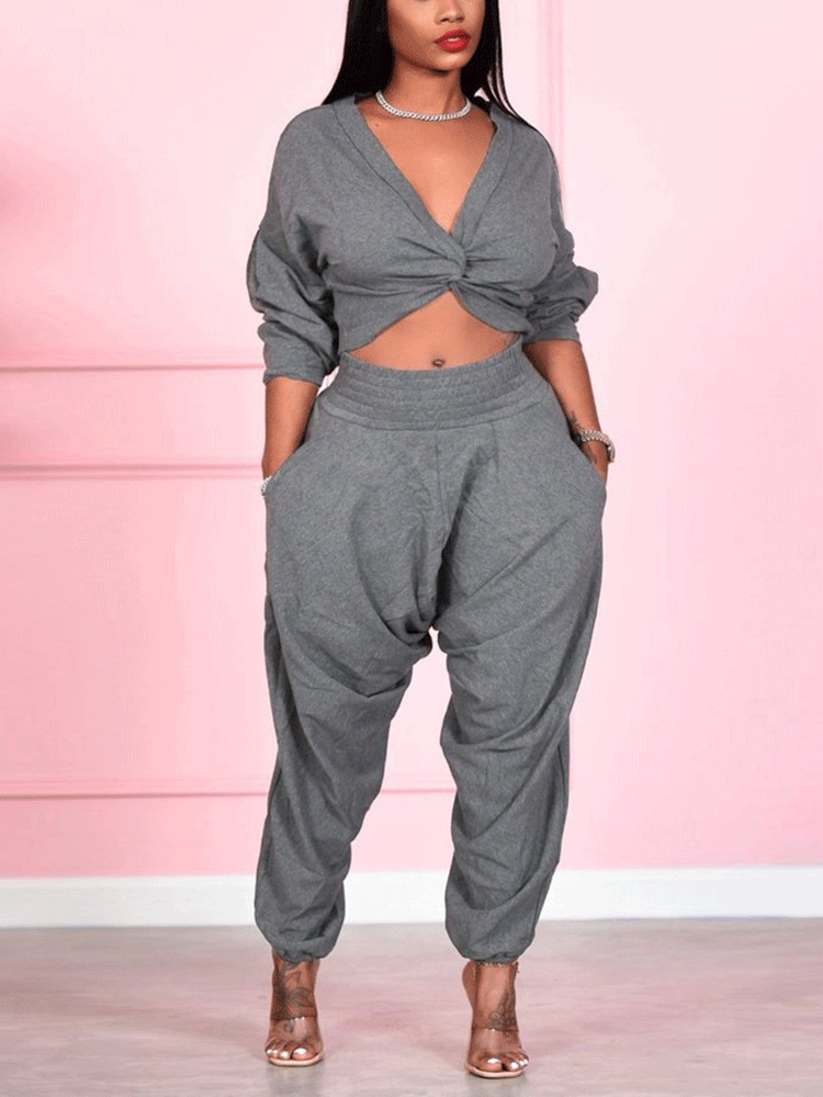 Crop Cross Top & Track Pants 2PC Set Black / 2XL