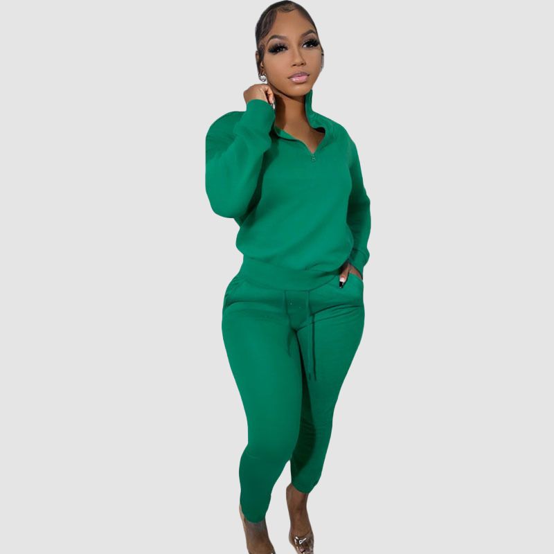 Zipper Sweatshirt & Drawstring Waist Pants Set Brown / M