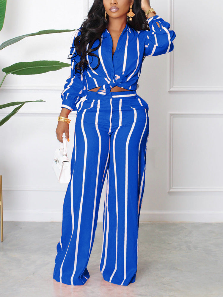 Striped Shirt Wide Pants Set Blue / 2XL