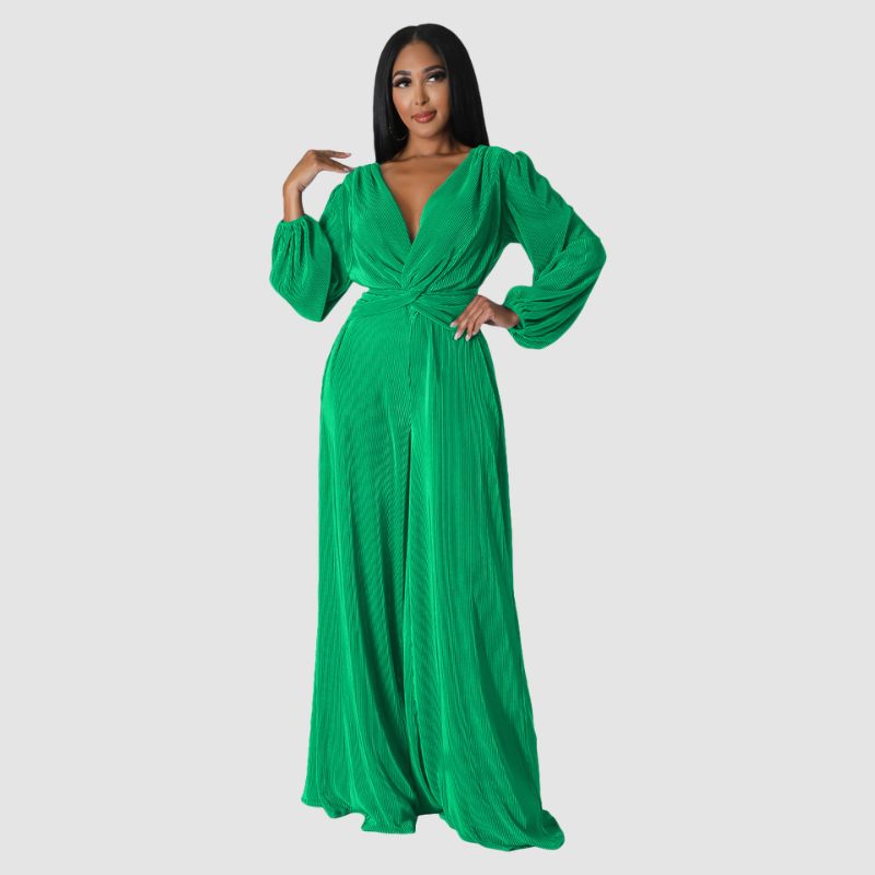 Pleated Long Sleeve Jumpsuits Rose / XL