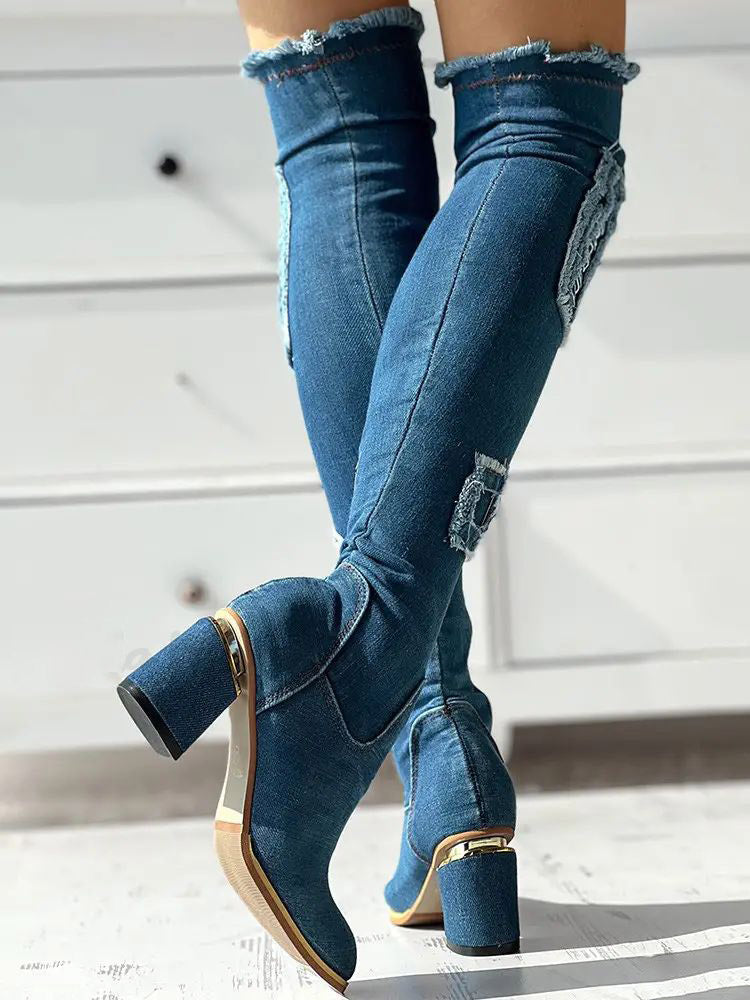Ripped Over The Knee Denim Boots Blue / 8.5