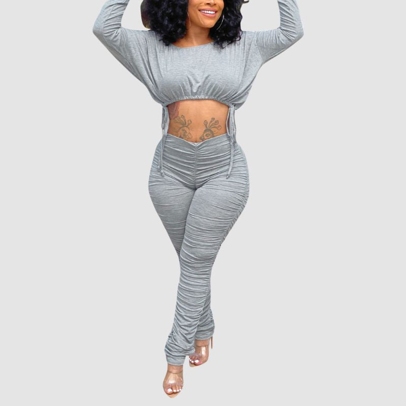 Drawstring Crop Top & Pleated Pant Set Black / M