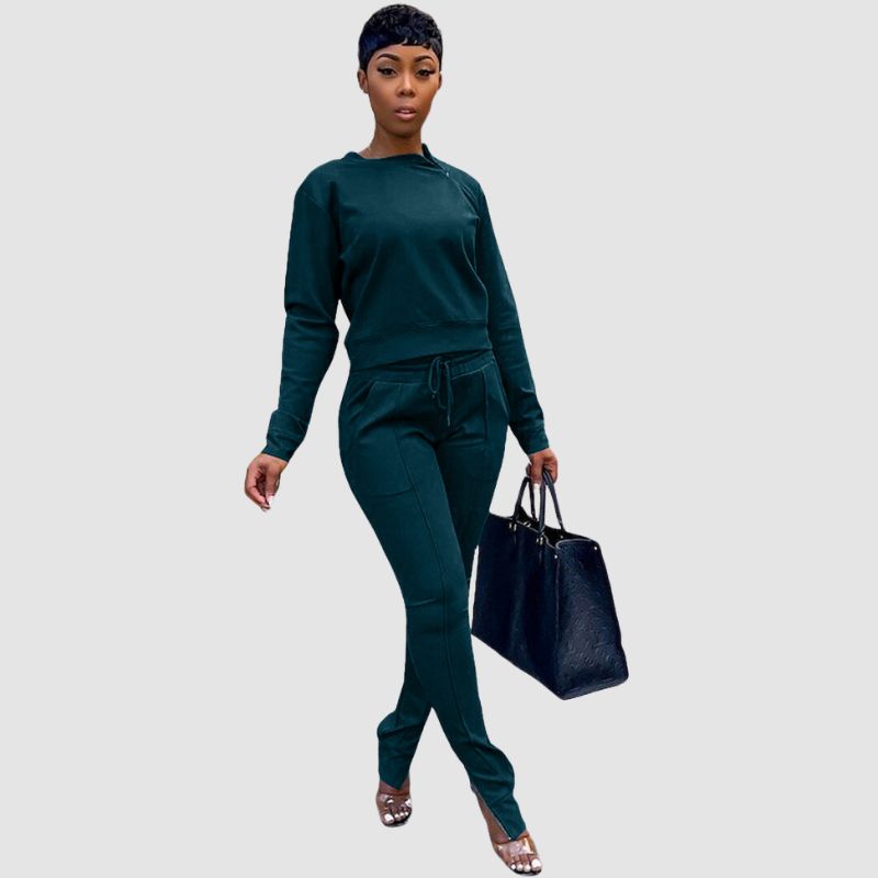 Crew Neck Top & Slit Pant Set Brown / M