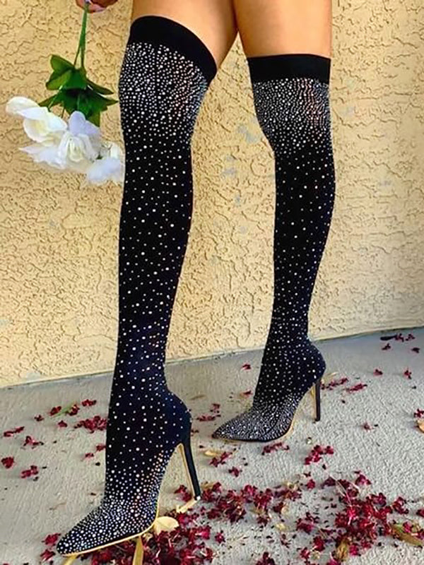 Rhinestone Decor Thigh High Boots Black / 6