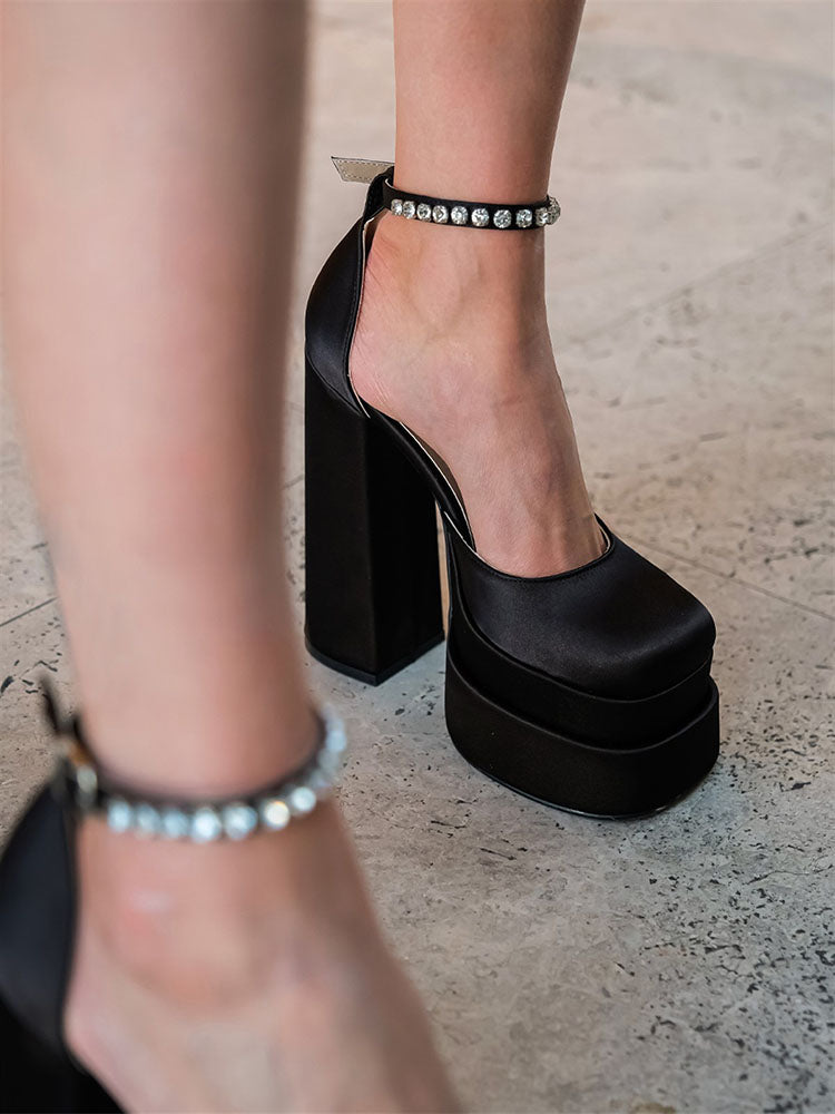 Rhinestone Decor Platform Heels Black / 7.5/8