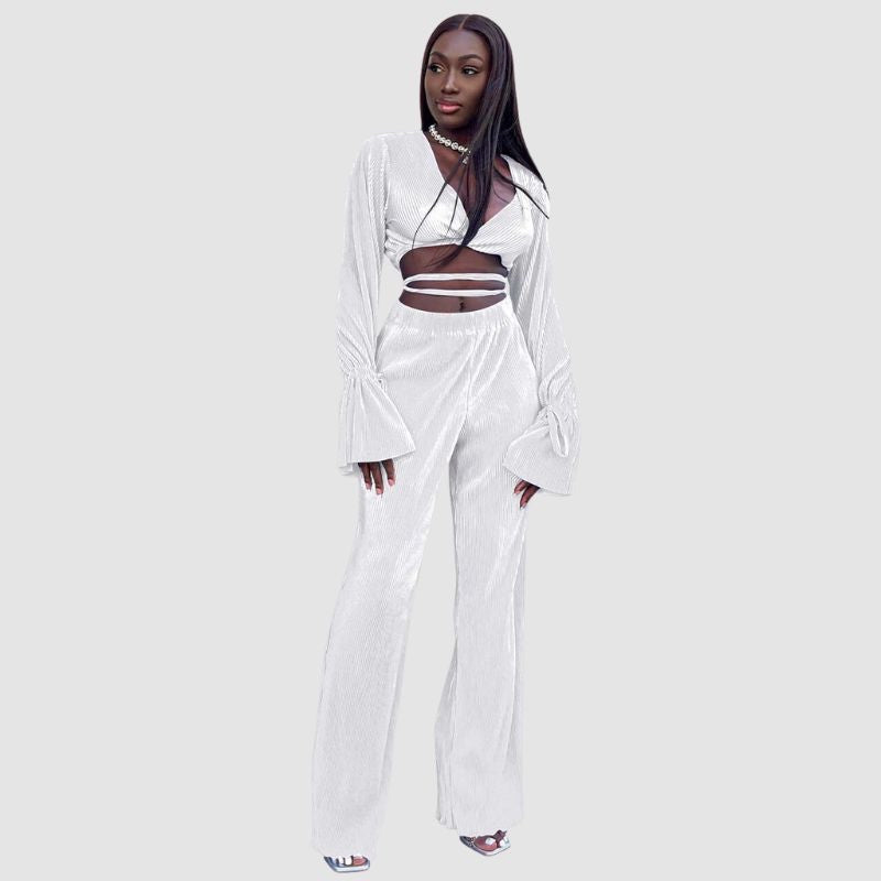 V-Neck Tie Up Top & Pleated Wide Leg Pant Set Yellow / L