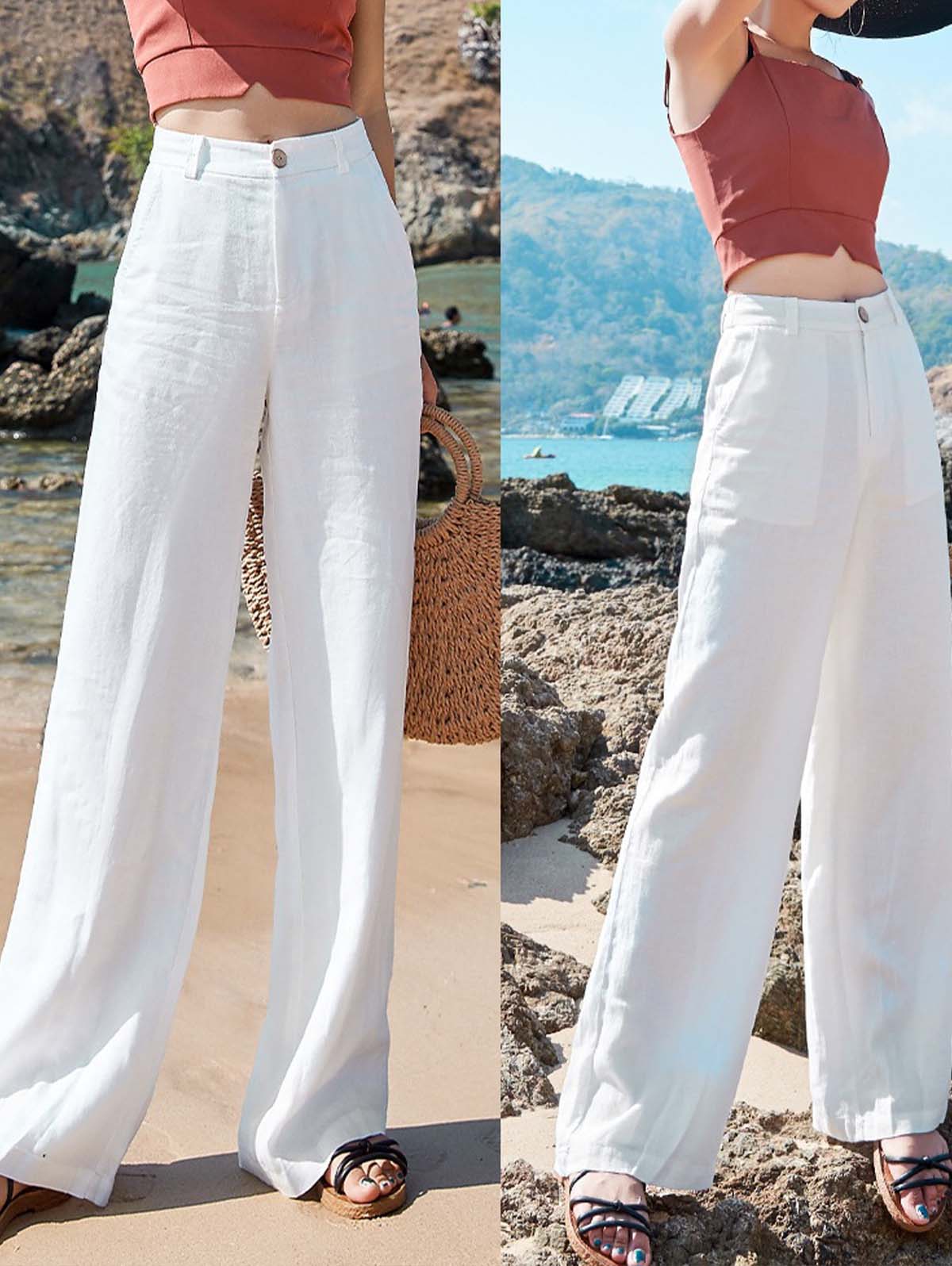 Plain High Waisted Button Pants White / L