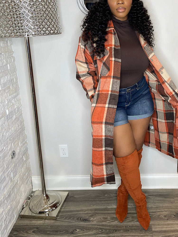 Flannel Pocket Plaid Cardigan Orange / M