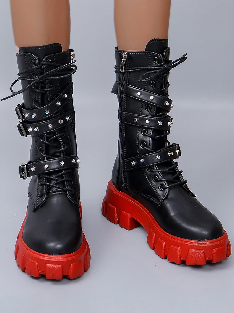 Eyelet Buckled Zipper Platform Boots Black / 8.5
