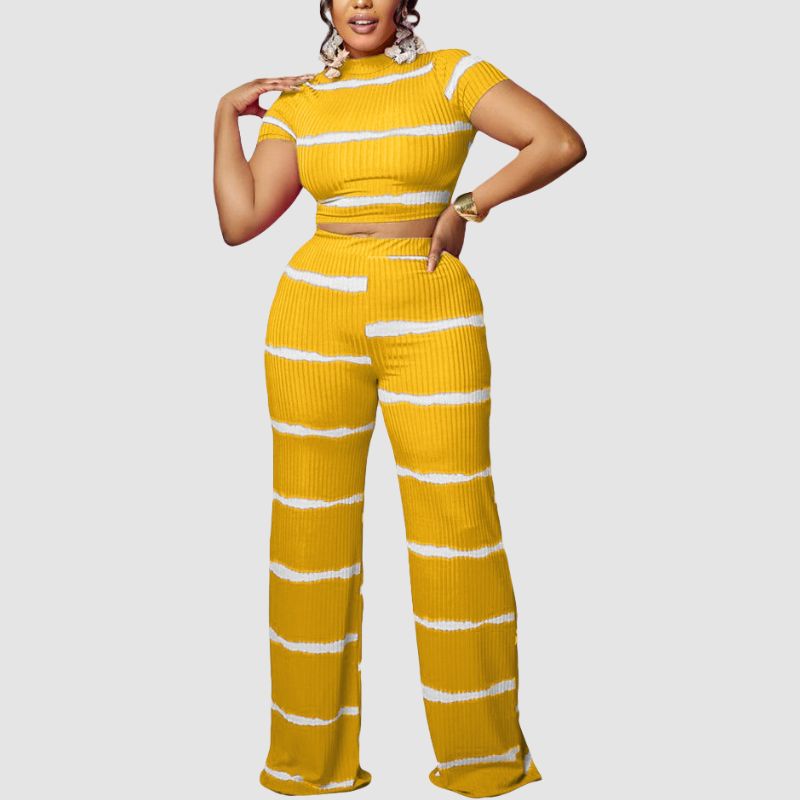 Stripe Printed Ribbed Knit Wide Leg Set Orange / L