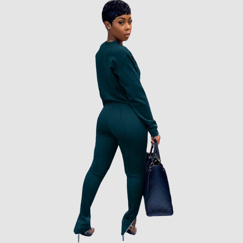 Crew Neck Top & Slit Pant Set Brown / L