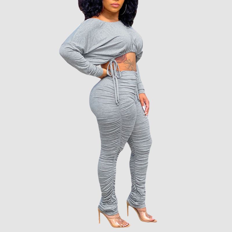 Drawstring Crop Top & Pleated Pant Set Black / L