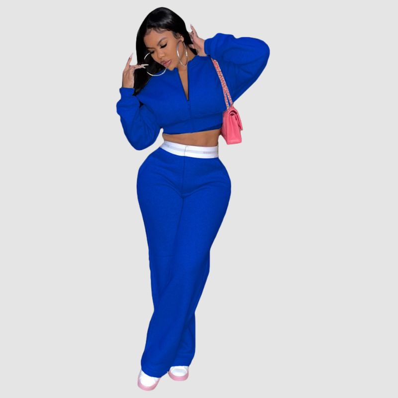 Zipper Sweatshirt & Wide Leg Pant Set Rose / L