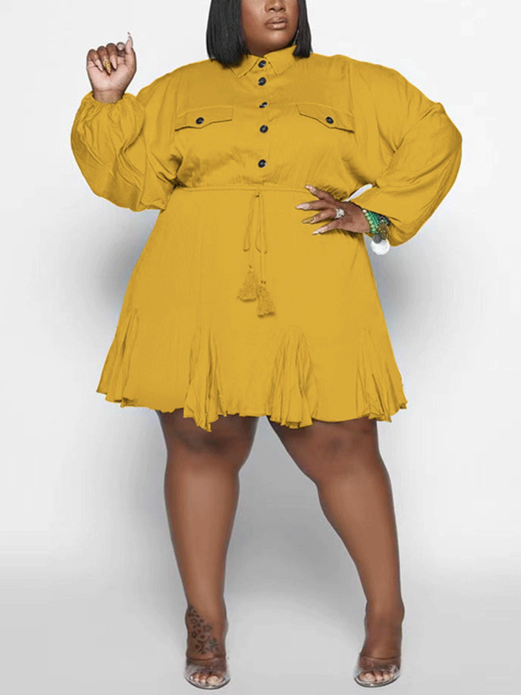 Turndown Collar Button Mini Dress Yellow / 3XL