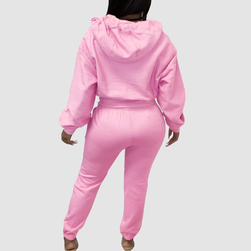 Solid Color Zip Hoodies Pant Set Pink / M