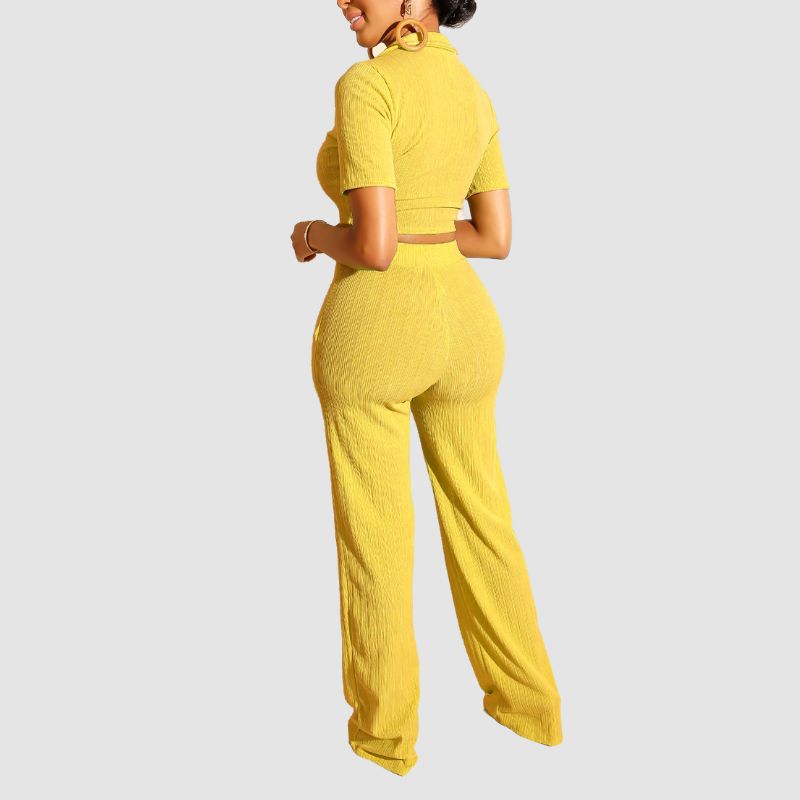 Lapel Crop Top & Long Pant Set Yellow / M