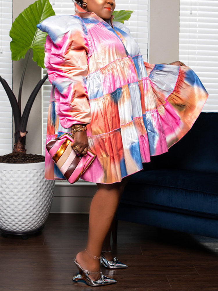 All Over Print Puff Sleeve Shirt Mini Dress Multicolor / 2XL