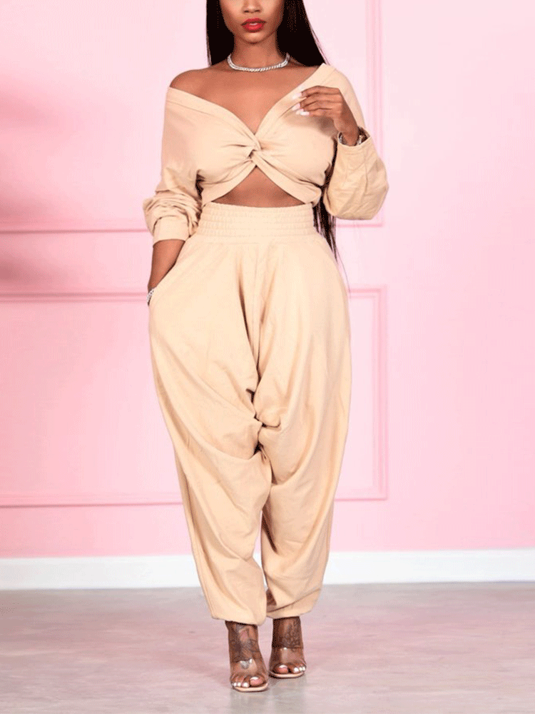 Crop Cross Top & Track Pants 2PC Set Gray / L