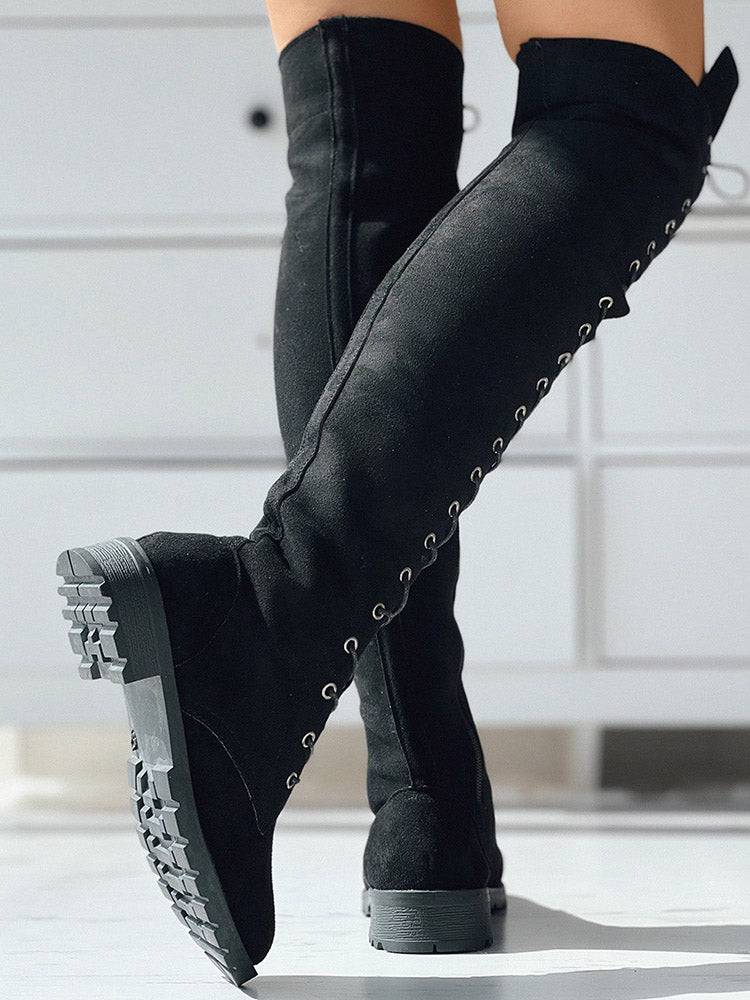 Lace Up Flat Suede Boots Black / 7.5/8