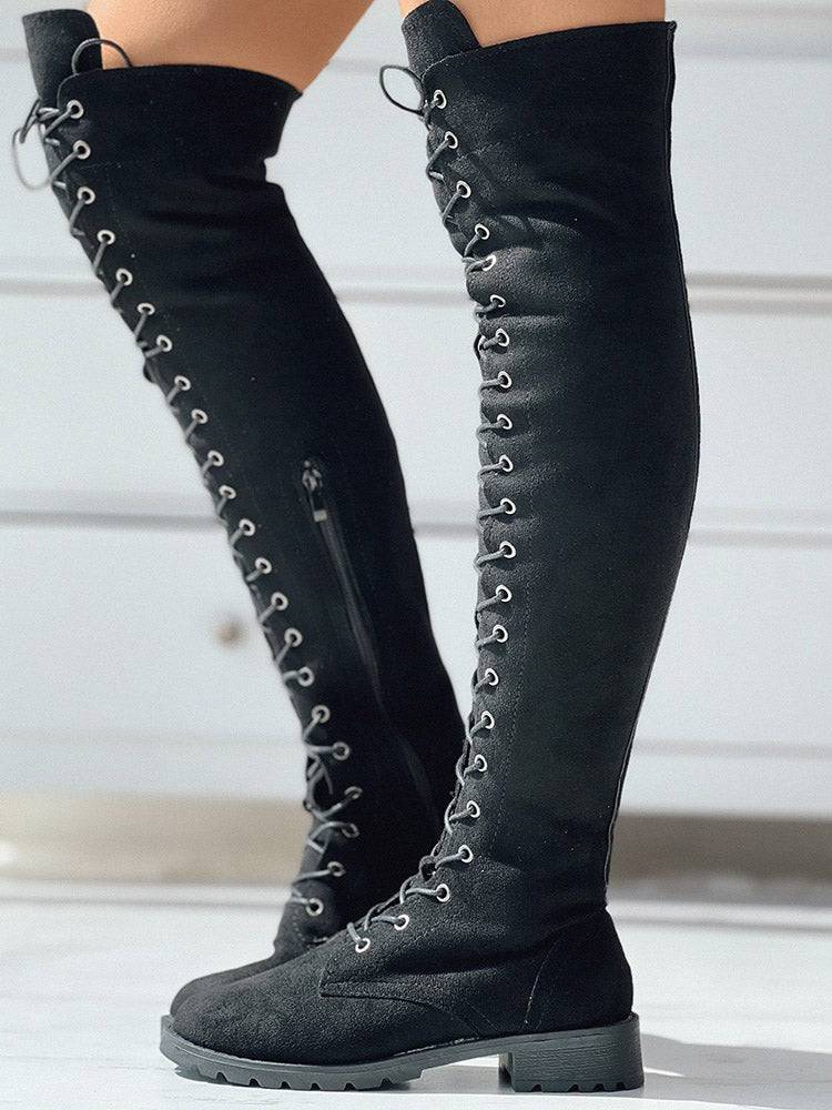 Lace Up Flat Suede Boots Black / 5/5.5