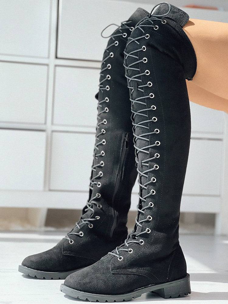 Lace Up Flat Suede Boots Black / 6.5/7