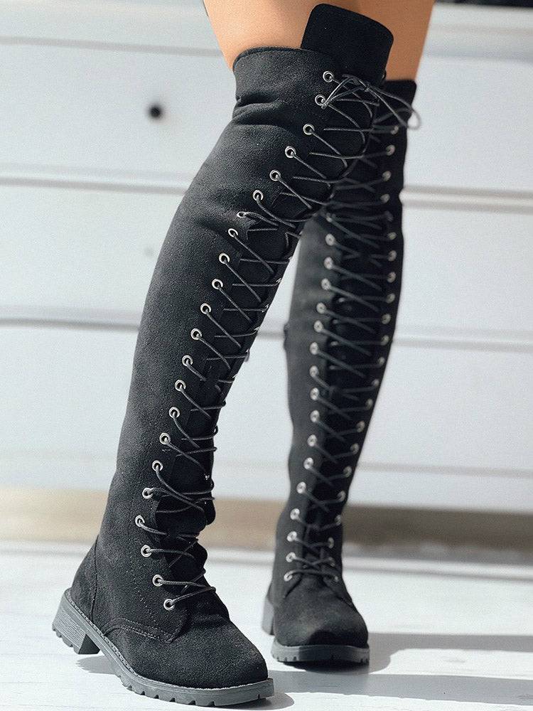 Lace Up Flat Suede Boots Black / 6