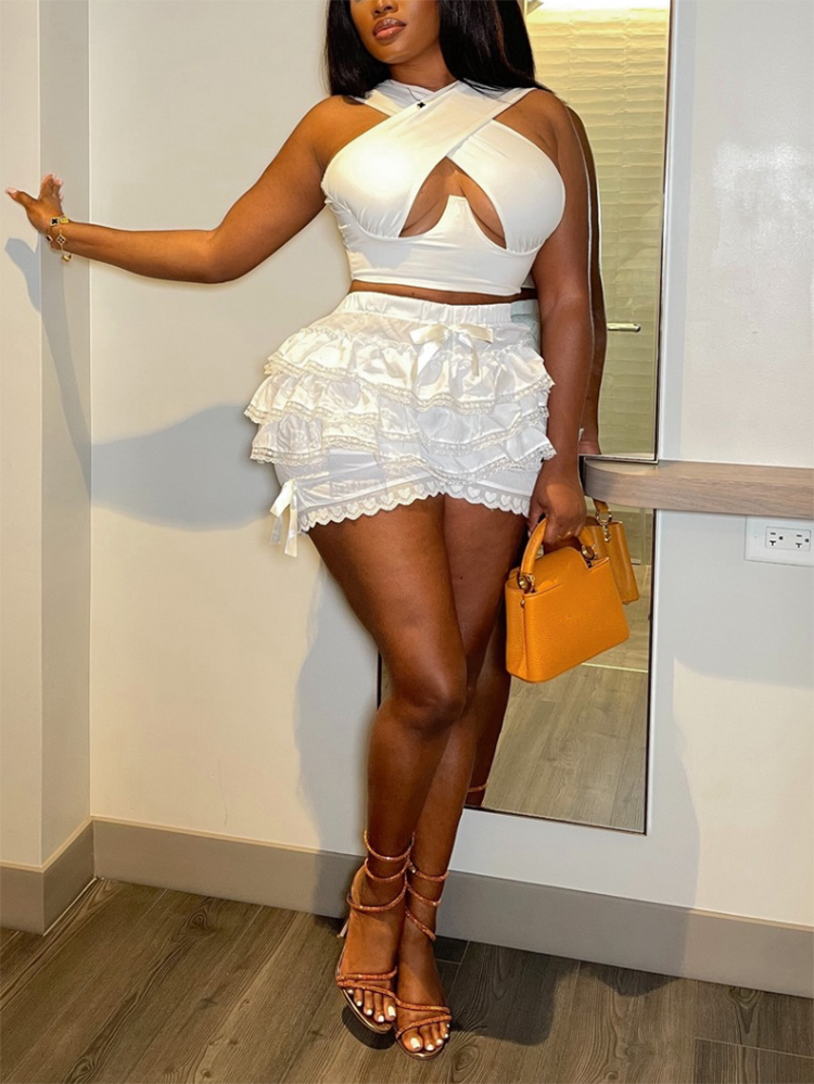 Ruffle Bow Lace Shorts White / L