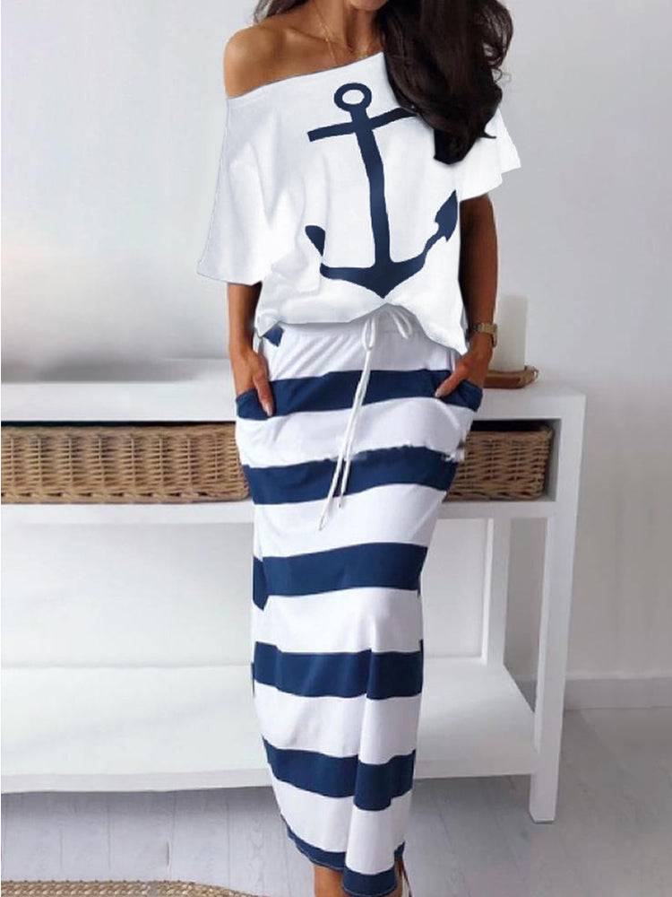 Print Off Shoulder Striped Skirt Set White / S