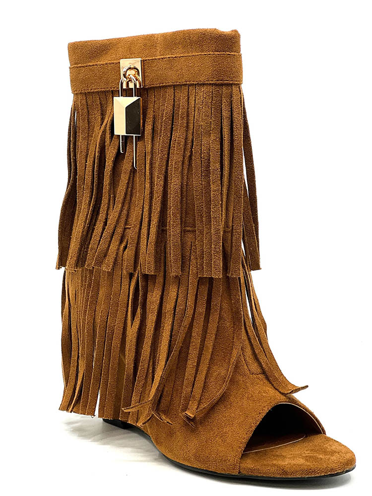 Fringe Open Toe Suede Boots Black / 7.5/8