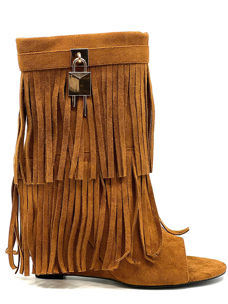 Fringe Open Toe Suede Boots Black / 8.5