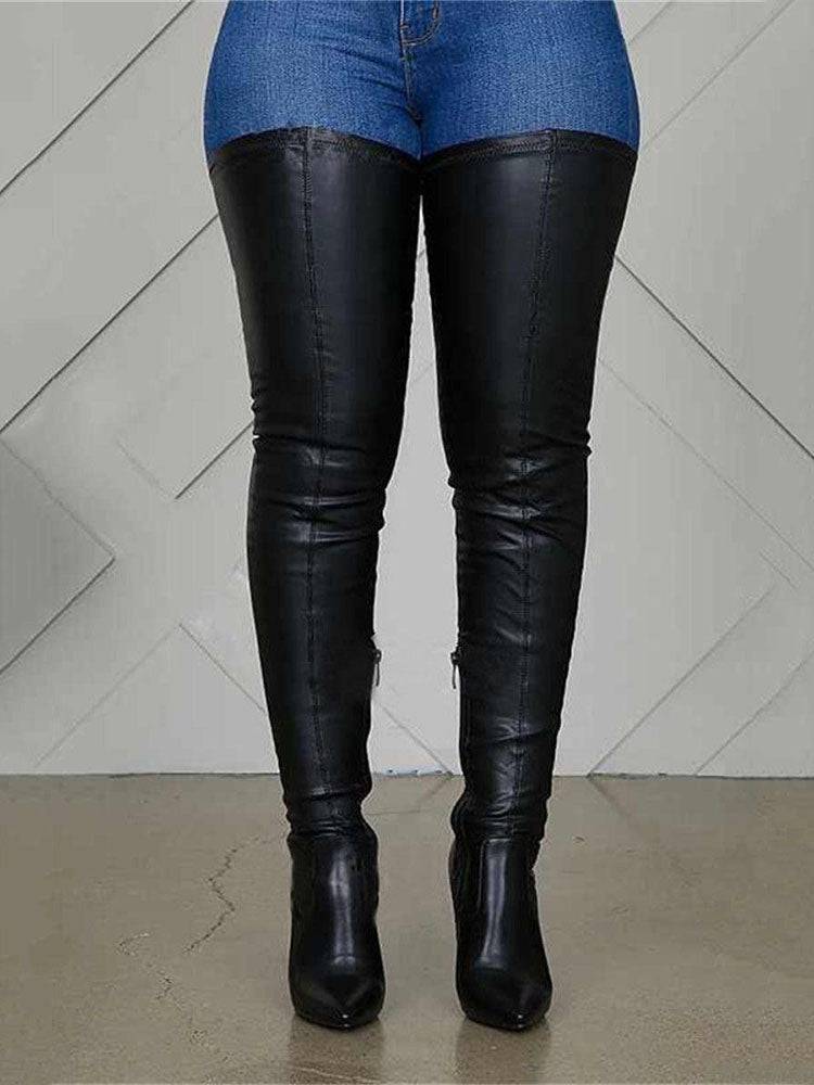 PU Leather Flat Over Knee Boots Black / 10.5/11