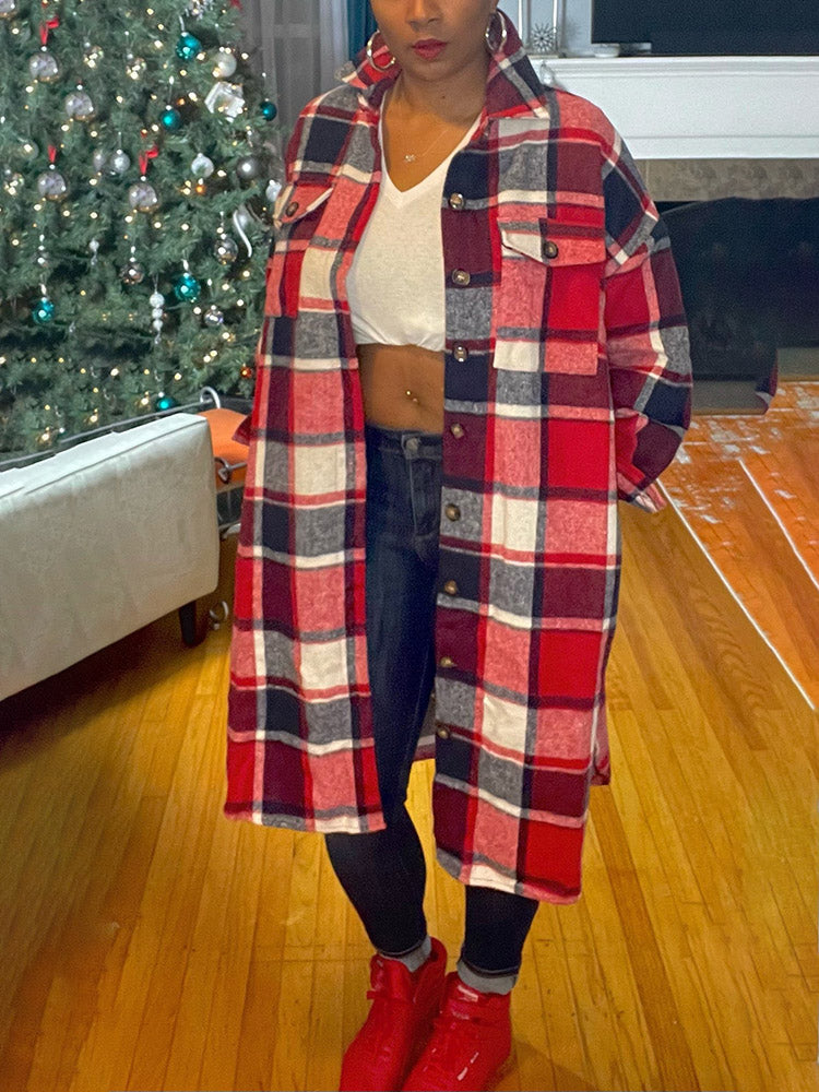 Flannel Pocket Plaid Cardigan Red / XL