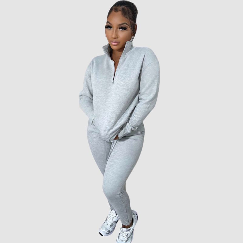 Zipper Sweatshirt & Drawstring Waist Pants Set Brown / XL