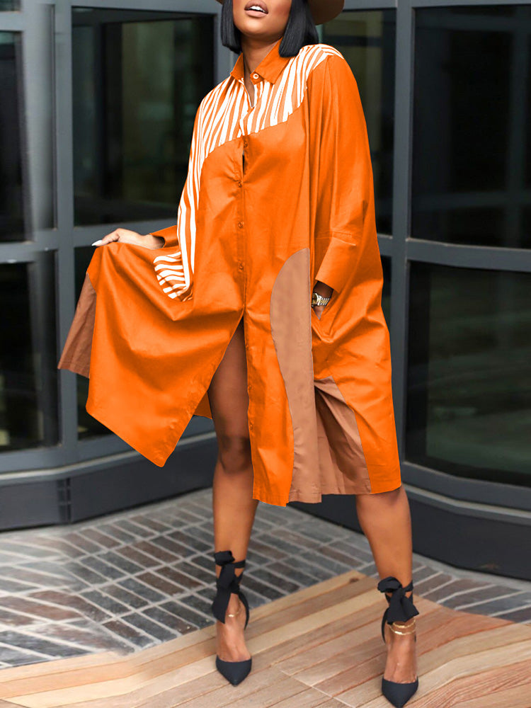 Colorblock Turndown Collar Shirt Dress Orange / XL