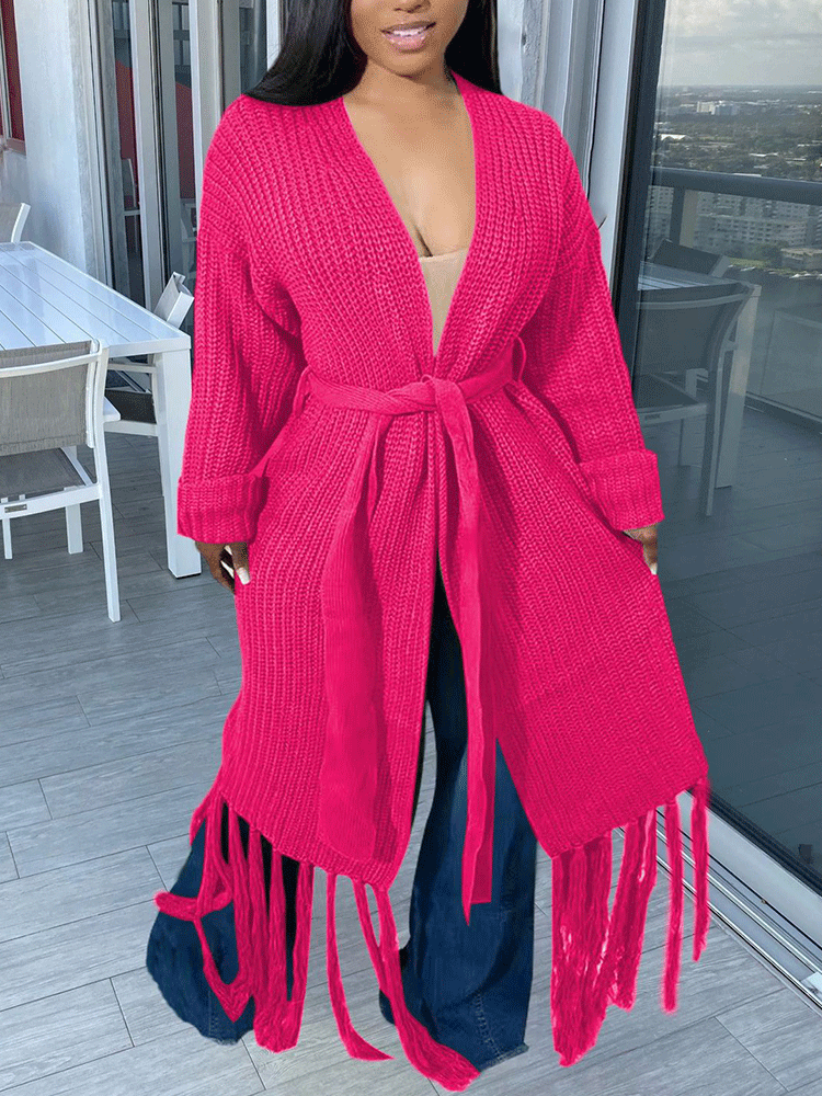 Knit Tassels With Belt Cardigan Wine Red / M