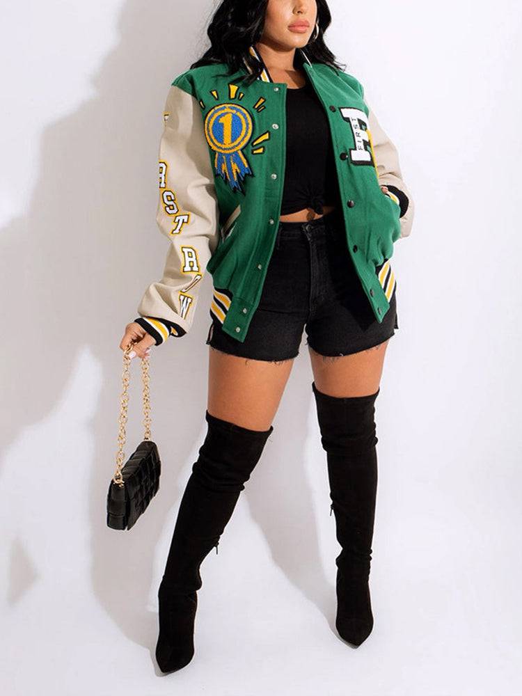 Printed Color Block Baseball Jacket Yellow / XL