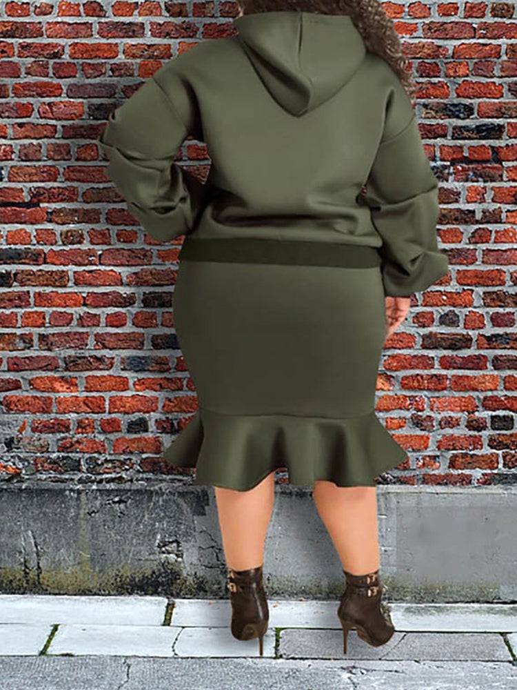 Hoodie Sweater Flounce Skirt Set Army Green / 2XL