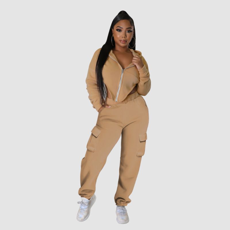 Irregular Zipper Top & Cargo Pant Set White / XL