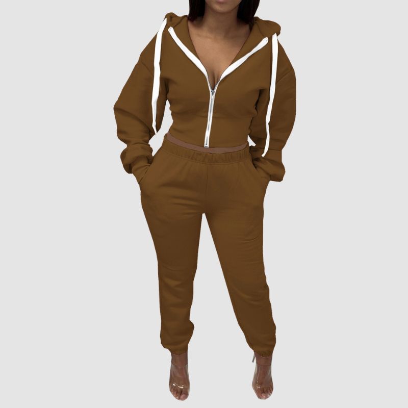 Solid Color Zip Hoodies Pant Set Grey / M