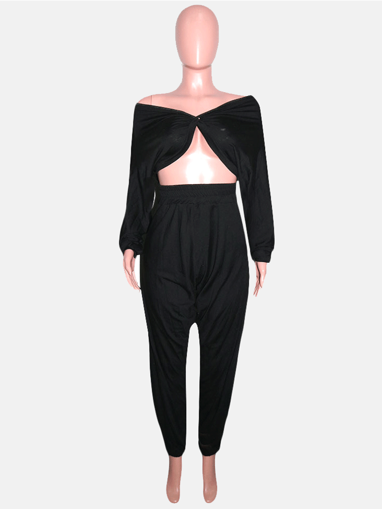 Crop Cross Top & Track Pants 2PC Set Black / L